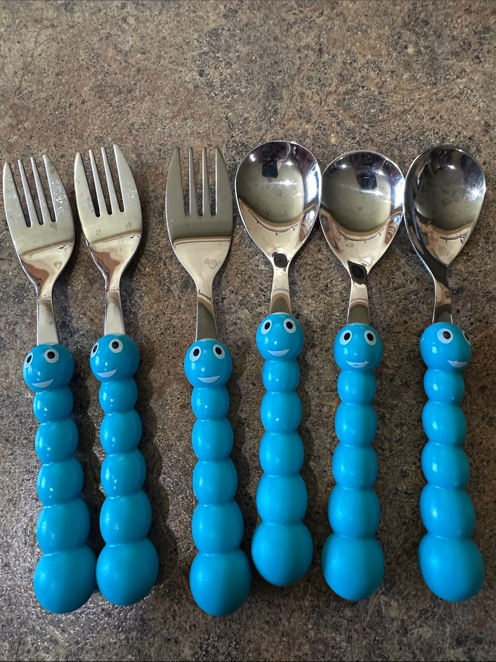 Blue Annova Silver Stainless Smiley Caterpillar Kids Flatware Set - 6 Pieces